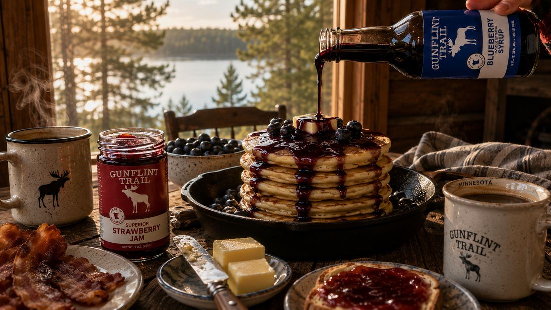 Northwoods cabin pancake breakfast with blueberry syrup and strawberry jam overlooking a Minnesota lake