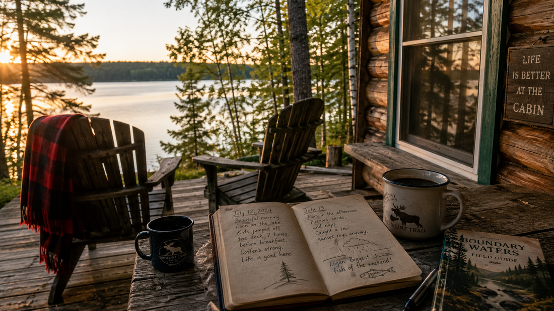 Open cabin guest book and coffee mugs on a lakeside porch at sunrise