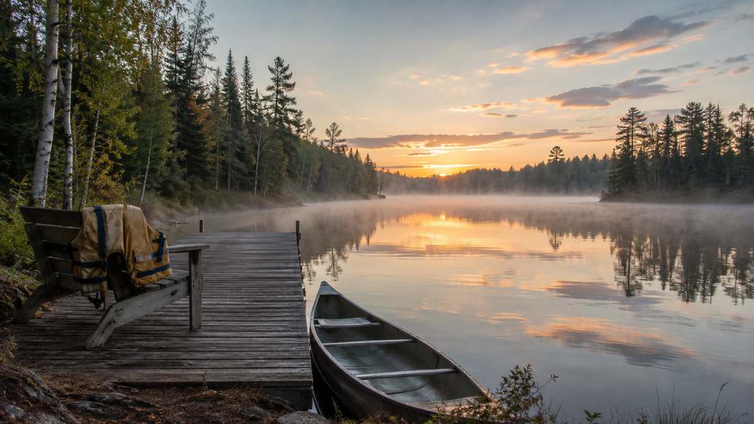 Aluminum canoe beside a weathered dock on a foggy morning along the Gunflint Trail