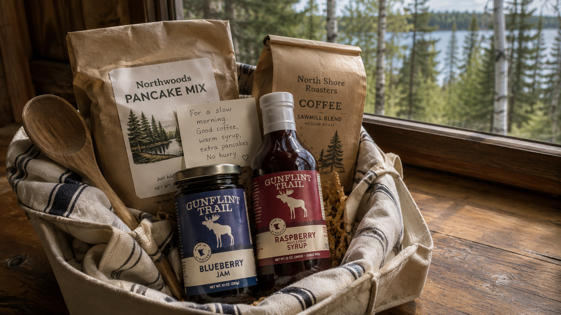 Northwoods breakfast gift basket with pancake mix, coffee, Blueberry Jam, and Raspberry Whole Fruit Syrup