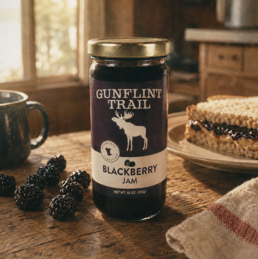 A jar of Gunflint Trail Blackberry Jam sits on a rustic wooden table, surrounded by fresh blackberries, a sandwich on a plate, and a mug in a warm, cozy kitchen setting.
