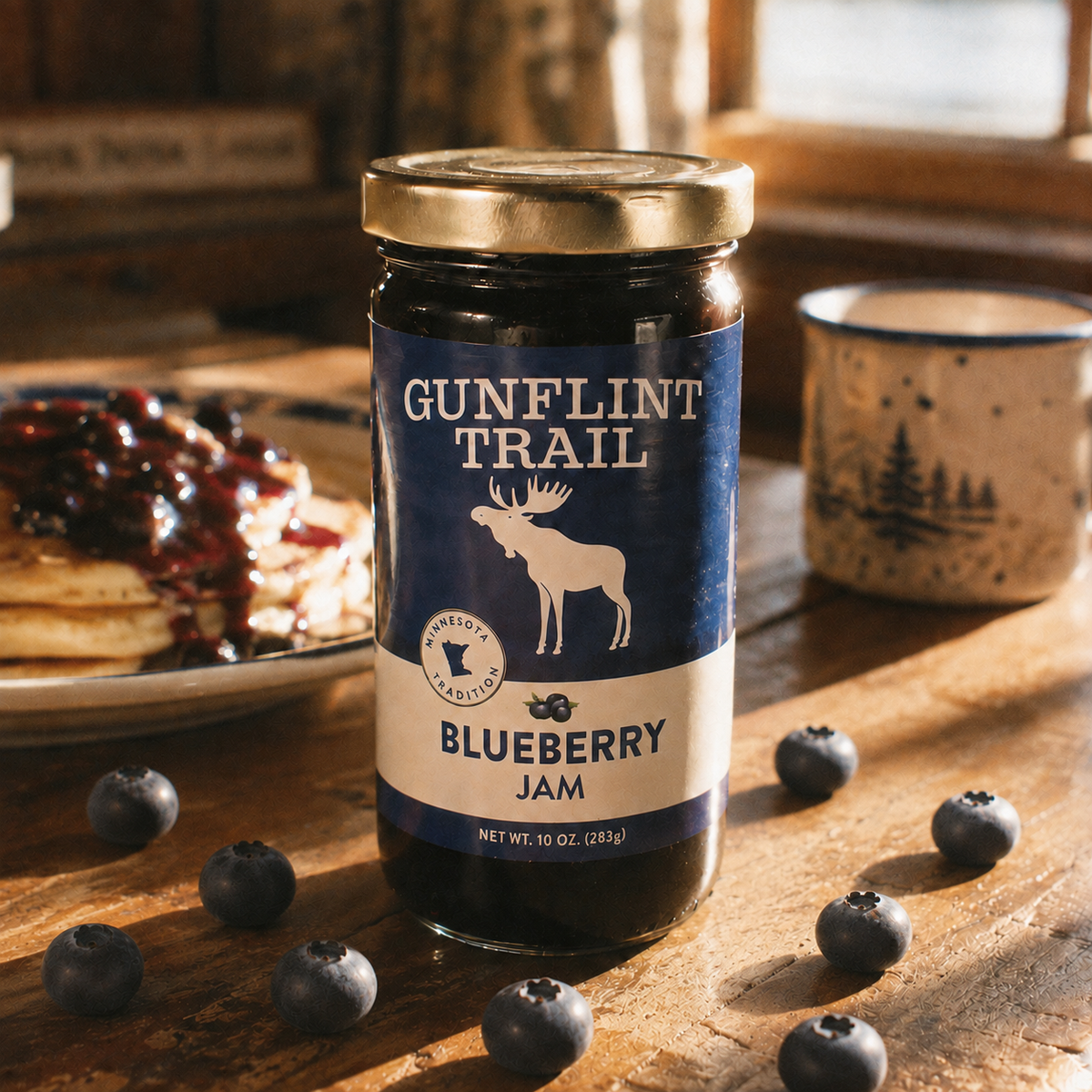 A jar of Gunflint Trail Blueberry Jam stands on a rustic wooden table, surrounded by scattered blueberries, with pancakes and blueberry sauce in the background and a ceramic mug nearby.