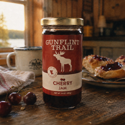 A jar of Gunflint Trail Cherry Jam stands on a rustic wooden table in a cozy cabin setting, with fresh cherries, a mug, and a plate of berry-topped pastries nearby.