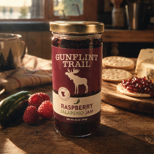 A jar of Gunflint Trail Raspberry Jalapeño Jam stands on a rustic wooden table in a warm, sunlit kitchen setting. The jar has a gold lid and a maroon and cream label with a white moose logo.