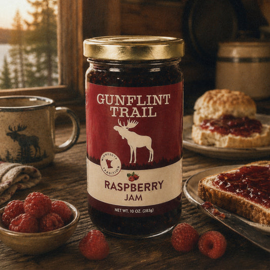 A jar of Gunflint Trail Raspberry Jam stands on a rustic wooden table, surrounded by fresh raspberries, sliced bread with jam, and a mug in a cozy kitchen setting.