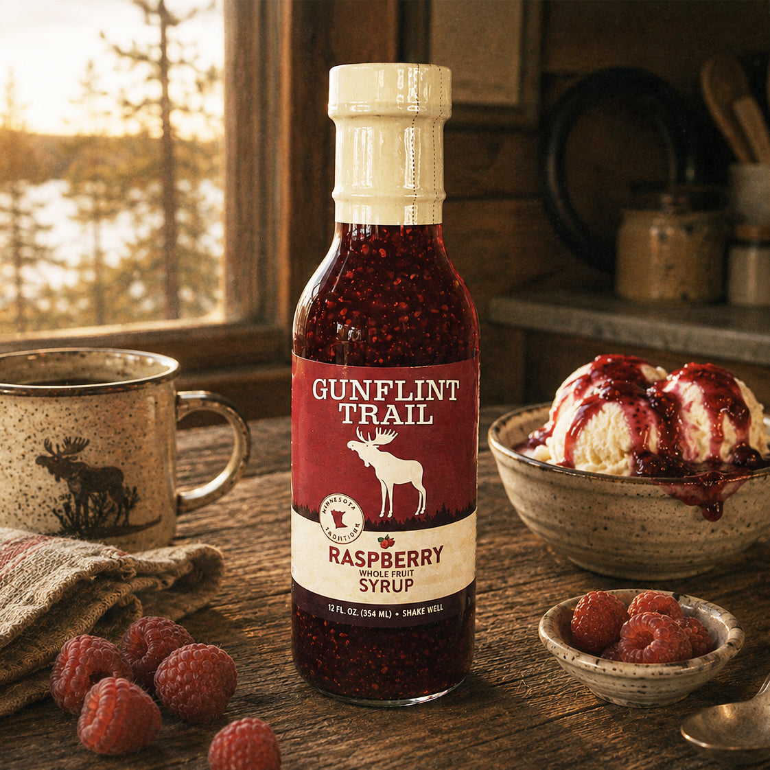 A bottle of Gunflint Trail Raspberry Syrup stands on a rustic wooden table in a cozy kitchen setting, surrounded by fresh raspberries, a mug, and a bowl of ice cream with syrup drizzle. The label clearly shows the brand name 'Gunflint Trail'.