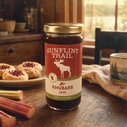 A glass jar of Gunflint Trail Rhubarb Jam stands on a wooden table in a rustic kitchen setting. The jar has a gold lid and a red and white label with a moose graphic.