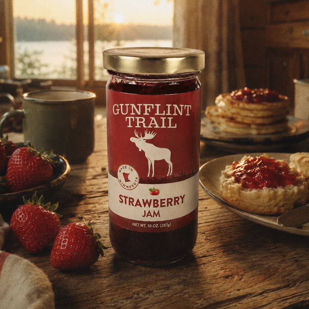 Gunflint Trail Strawberry Jam on a rustic Minnesota cabin table at sunrise with fresh strawberries, biscuits, and pancakes.