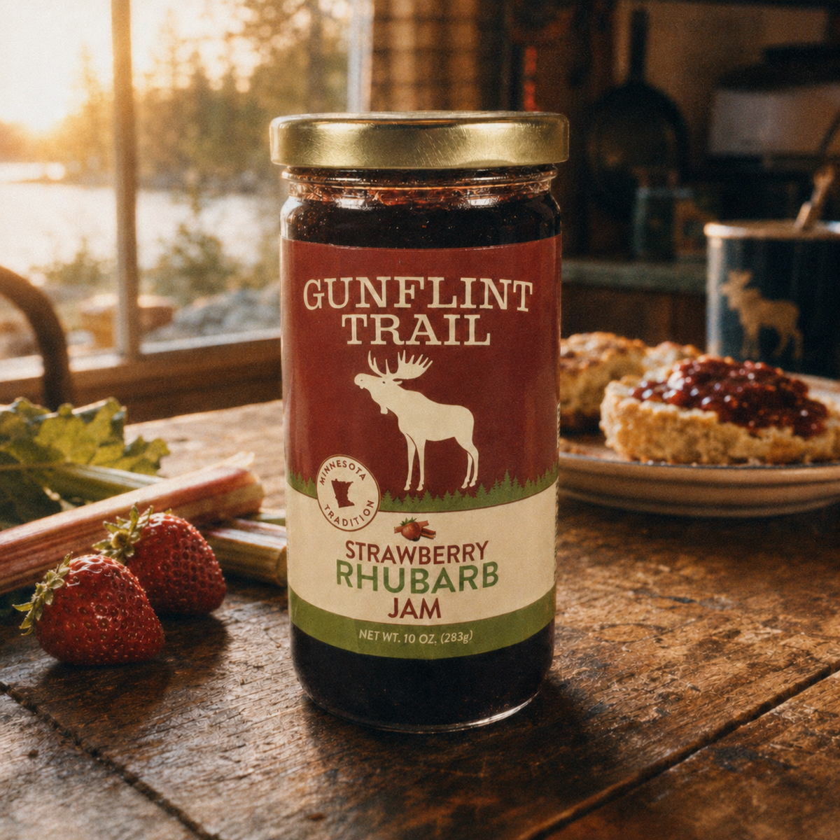 A jar of Gunflint Trail Strawberry Rhubarb Jam sits on a rustic wooden table in a cozy kitchen setting. The jar has a gold lid and a label featuring a white moose silhouette on a red background.