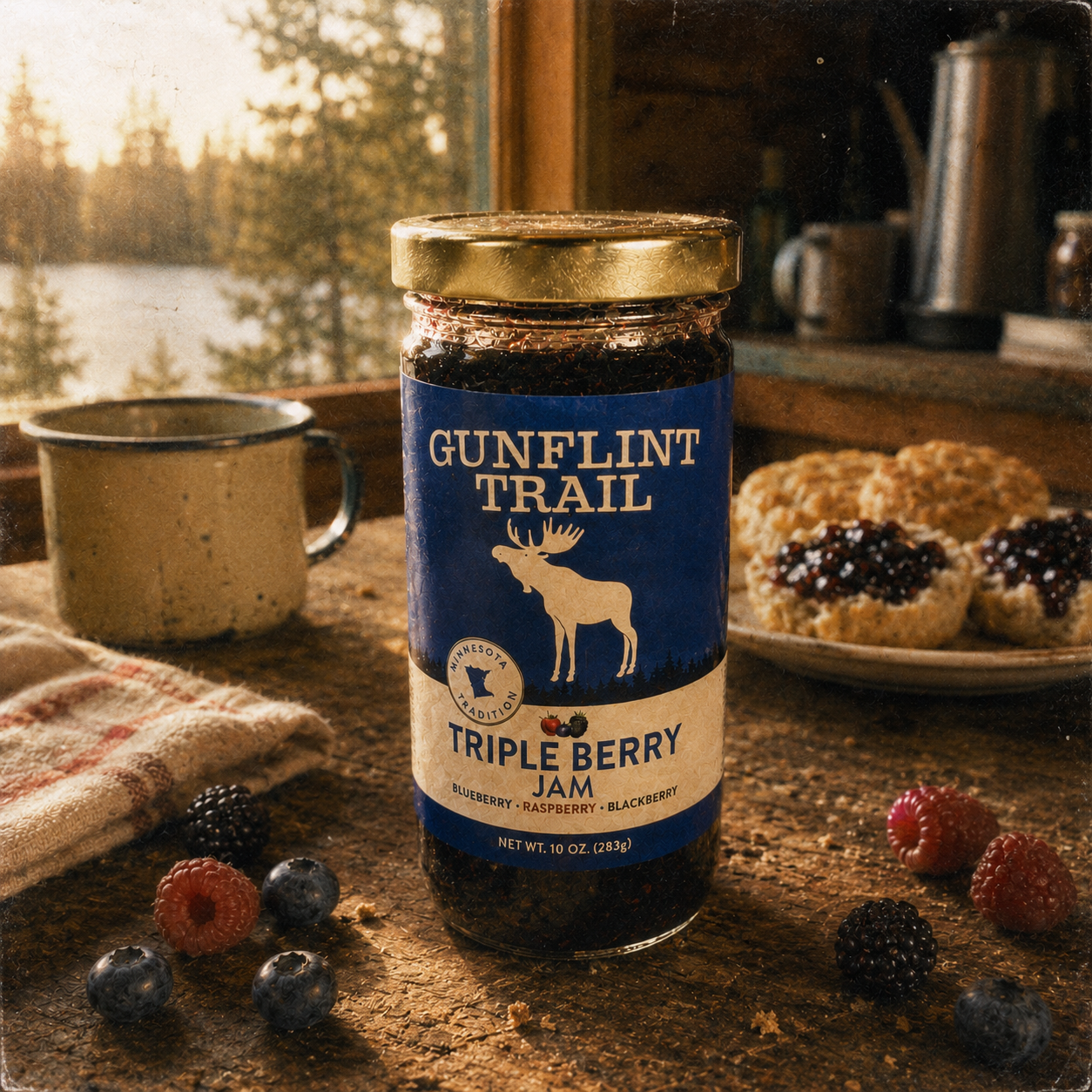 A jar of Gunflint Trail Triple Berry Jam stands on a rustic wooden table in a cozy kitchen setting. The label is dark blue with a white moose logo and text, and the jar is surrounded by fresh berries, a mug, and baked goods in the background.