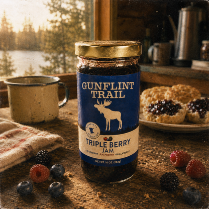 A jar of Gunflint Trail Triple Berry Jam stands on a rustic wooden table in a cozy kitchen setting. The label is dark blue with a white moose logo and text, and the jar is surrounded by fresh berries, a mug, and baked goods in the background.